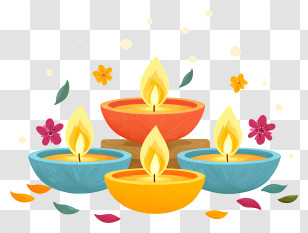 Diyas With Flower Petals - Colorful Diyas Set With Flower Petals Transparent PNG