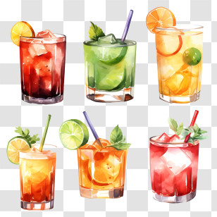 Summer Drinks - Watercolor Illustrations Of Colorful Cocktails Transparent PNG