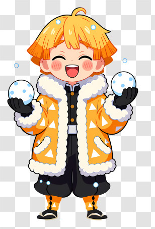 Zenitsu Agatsuma - Happy Blond Chibi Boy Throwing Snowballs Transparent PNG