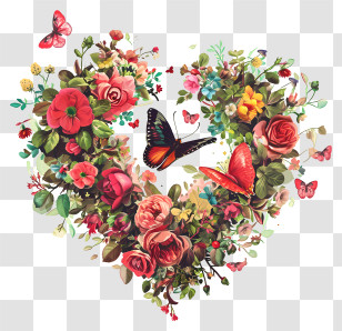 Valentine - Heart-Shaped Floral Wreath With Butterflies Transparent PNG