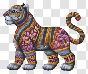 Tiger With Indian Patterns - Floral Patterned Tiger With Ornate Designs Transparent PNG
