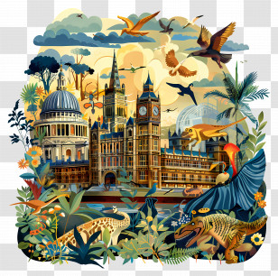 London Natural History Museum - Colorful Cityscape With Nature Elements Transparent PNG