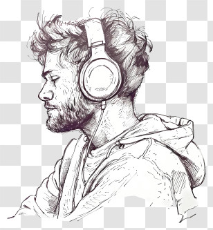 Listening To Music - Sketch Of Man With Headphones Transparent PNG