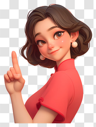 3d Girl Pointing Up - Animated Woman In Red Dress With Earrings Transparent PNG