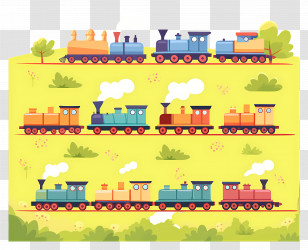 Cartoon Train - Cartoon Illustration Of Colorful Trains On Tracks Transparent PNG