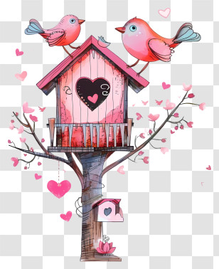 Doodle Valentine Bird House - Beautiful Birdhouse With Hearts And Birds Transparent PNG