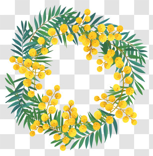 Mimosa Flowers Wreath - Mimosa Flower Wreath With Green Leaves Transparent PNG