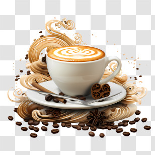 Cappuccino Day - Coffee Cup With Latte Art And Swirling Design Transparent PNG