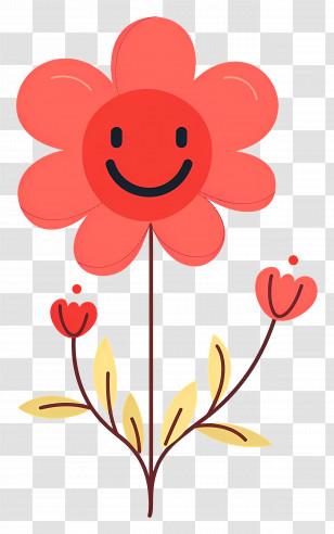 Flower Emoji - Red Smiling Cartoon Flower With Stems And Buds Transparent PNG