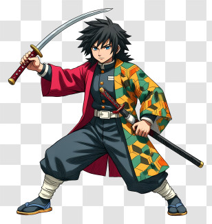 Giyu Tomioka - Dynamic Samurai Drawing Sword Transparent PNG