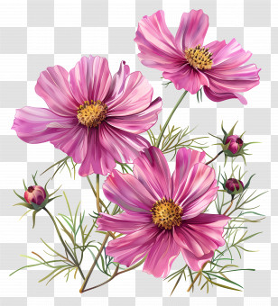 Cosmos Flower - Pink Flower Bouquet With Green Stems Transparent PNG