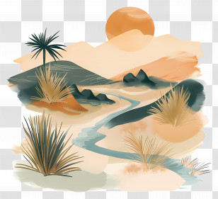 Desert Oasis - Desert Landscape With Sunset And River Stream Transparent PNG