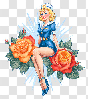 Retro Sailor Girl - Retro Pin-up With Roses Transparent PNG