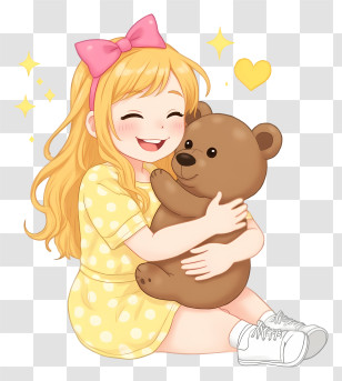 Cartoon Girl Holding Teddy Bear - Happy Girl Hugging Teddy Bear Transparent PNG
