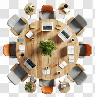 Meeting Table Top View - Round Table With Chairs And Office Supplies Transparent PNG