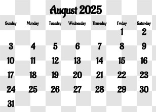 August 2025 Calendar - August 2026 Calendar Transparent PNG