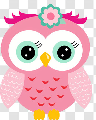 Birds - Cute Pink Cartoon Owl With Flowers Transparent PNG