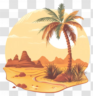 Desert Oasis - Sunny Desert Landscape With Palm Tree And Rocks Transparent PNG