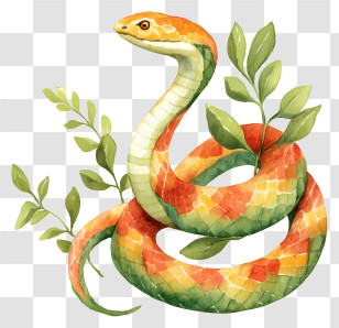 Watercolor Snake - Colorful Snake With Leaves Transparent PNG