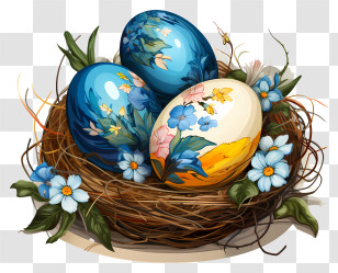 Easter Egg - Decorative Easter Eggs In Nest With Flowers Transparent PNG