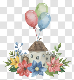 Cartoon - Fantasy Castle With Balloons And Flowers Transparent PNG
