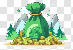 Coin Collection - Green Money Bag With Gold Coins Transparent PNG