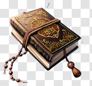 Holy Book Of Koran And Pray Beads Icon - Ornate Leather Book With Beaded Accessory Transparent PNG