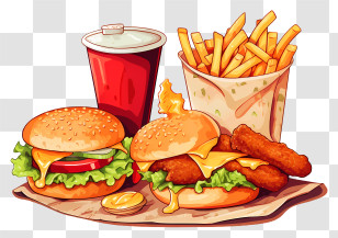Hamburgers - Fast Food Meal With Burgers And Fries Transparent PNG