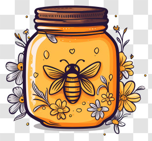 Bee Honey Jar - Bee Themed Jar Illustration With Flowers Transparent PNG