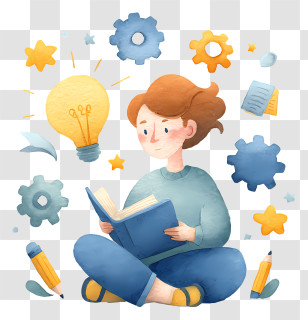 Reading And Knowledge - Boy Reading With Gears Transparent PNG