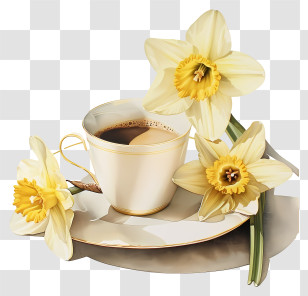 Spring Coffee Time - Coffee Cup With Daffodils On Plate Transparent PNG