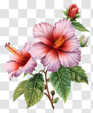 Rose Of Sharon Illustrate - Pink Hibiscus Flowers With Green Leaves Transparent PNG