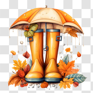 Autumn Rain - Yellow Rain Boots And Umbrella With Autumn Leaves Transparent PNG