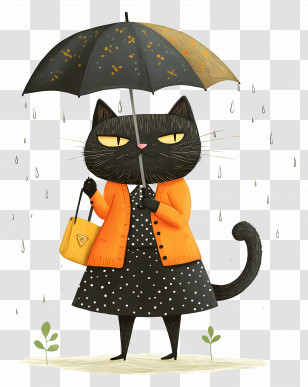 Anime Cat - Stylish Black Cat With Umbrella In Rainy Scene Transparent PNG