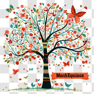 March Equinox - Tree With Flowers And Butterflies For March Equinox Transparent PNG