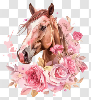 Horse - Artistic Horse With Pink Roses Transparent PNG