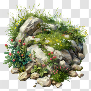 Ground Cover - Rocky Garden With Flowers And Green Grass Transparent PNG