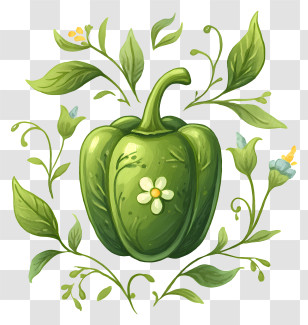 Green Vegan Symbol - Green Bell Pepper With Floral Design Transparent PNG