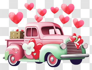 Cartoon Valentine Vehicle - Romantic Pink Vintage Truck With Hearts Illustration Transparent PNG