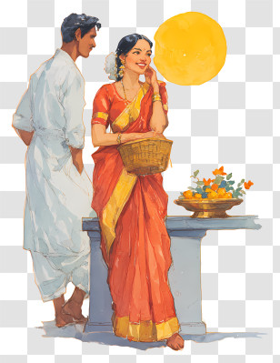 Karwa Chauth - Woman In Red Sari With Basket And Flowers Transparent PNG