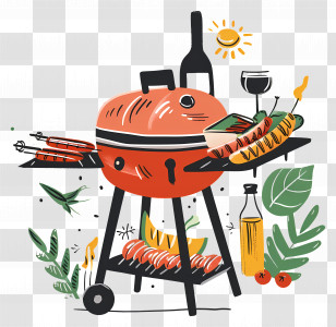 Summer Barbecue - Barbecue Grill With Food And Drinks Transparent PNG