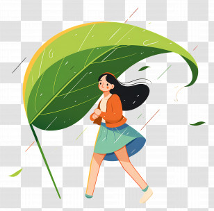 Girl Running In Rain - Girl Walking With A Large Leaf Umbrella Illustration Transparent PNG