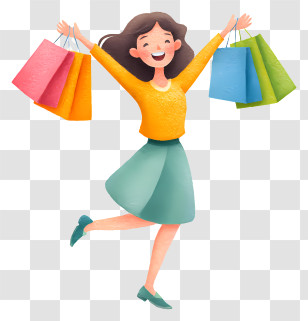 Woman Celebrating Online Shopping - Joyful Woman Jumping With Shopping Bags Transparent PNG