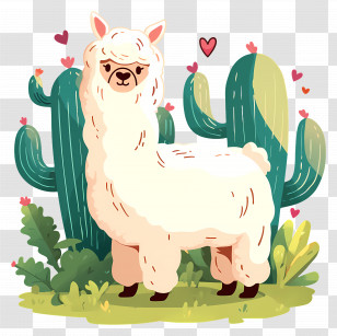 Alpaca Cartoon - Llama With Cacti And Hearts Transparent PNG