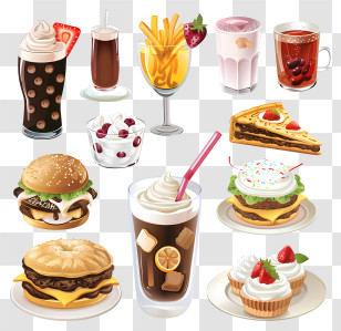 Food Drinks - Collection Of Fast Food, Desserts, And Beverages Illustration Transparent PNG
