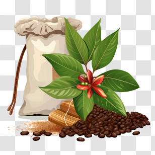 Coffee Beans Bag - Illustration Of Coffee Beans And Leaves Transparent PNG