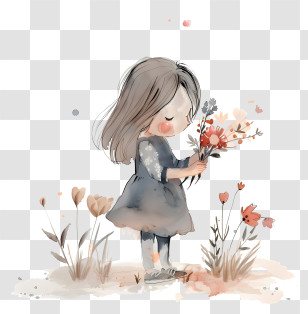 Girl Holding Flowers - Watercolor Girl Holding Flowers Transparent PNG