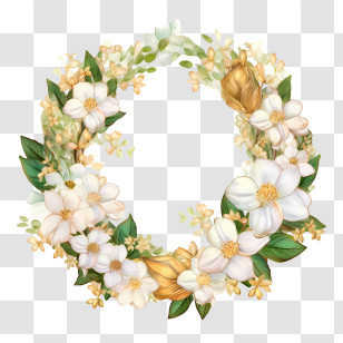 Jasmine Wreath - Beautiful Floral Wreath Of White And Gold Flowers Transparent PNG
