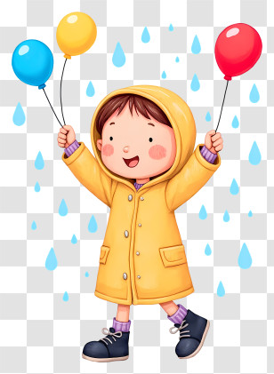 Cartoon Girl Holding Balloons - Cheerful Child In Yellow Raincoat Transparent PNG