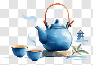Tea Ink Painting - Blue Teapot With Cups And Pagoda Transparent PNG